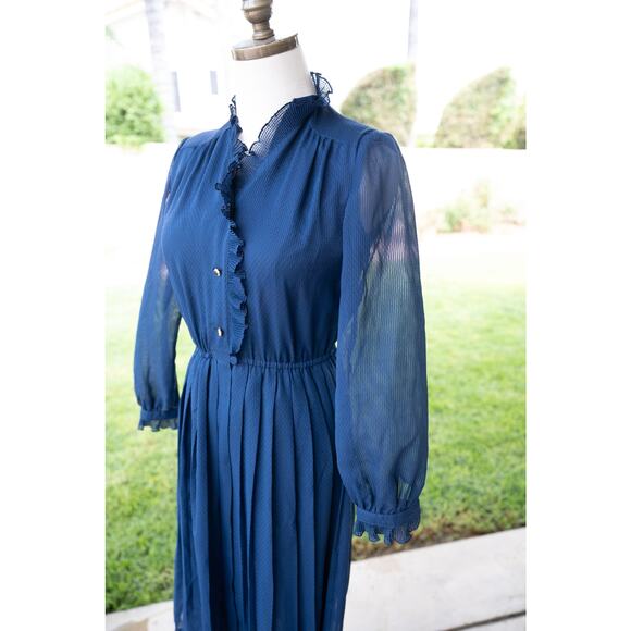 Vintage Navy Blue Sheer Cottage Core Prairie Dress Halloween Costume - Picture 6 of 10
